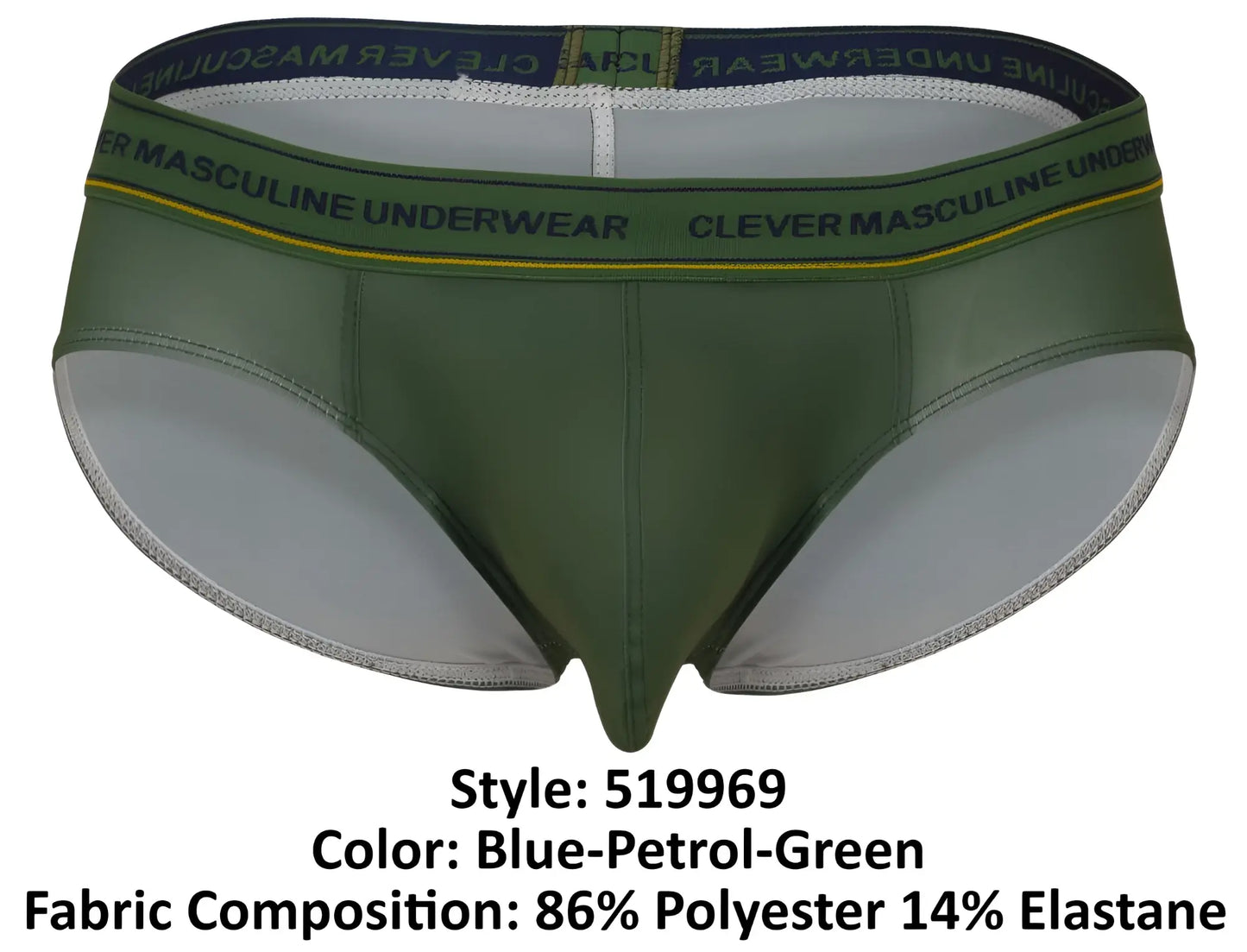 Olive green men’s briefs with navy blue waistband clever masculine underwear text and yellow trim clever 519969 Australian latin briefs