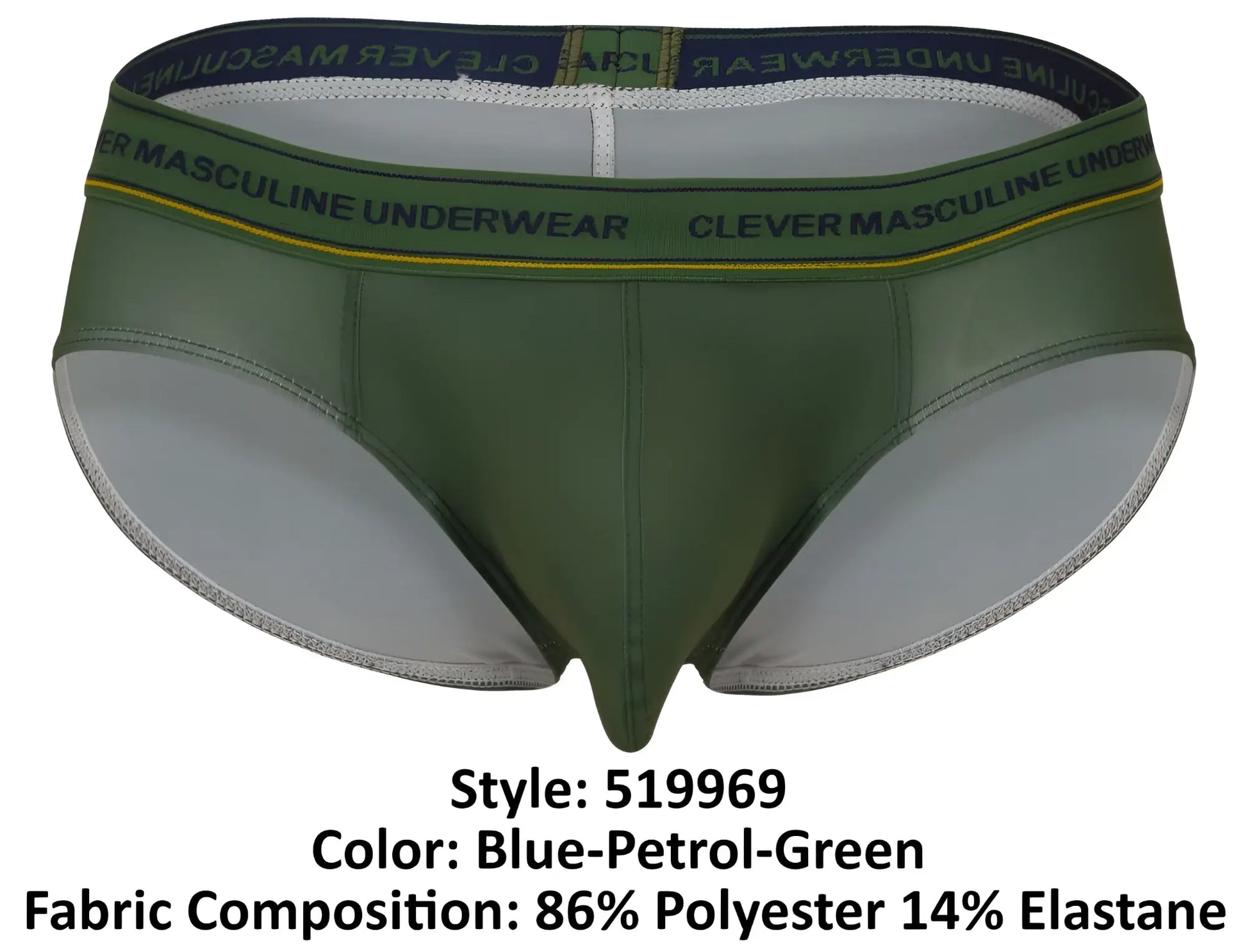 Olive green men’s briefs with navy blue waistband clever masculine underwear text and yellow trim clever 519969 Australian latin briefs