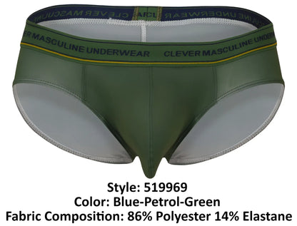 Olive green men’s briefs with navy blue waistband clever masculine underwear text and yellow trim clever 519969 Australian latin briefs
