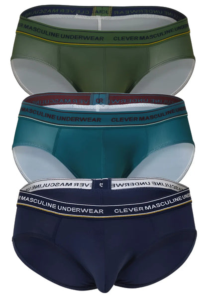 Three-pack of clever australian latin briefs in blue petrol and green with contrasting branded elastic waistbands