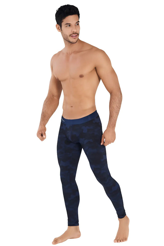 Navy blue camouflage patterned men’s leggings clever action camo athletic pants dark blue size m front view