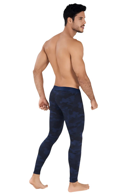 Navy blue camouflage pattern athletic leggings clever action camo pants dark blue size m back side view
