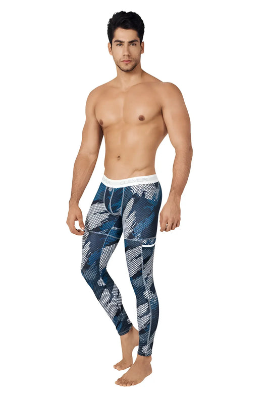 Blue and gray patterned athletic leggings with white cleves waistband perfect for dark blue camo workout pants size m