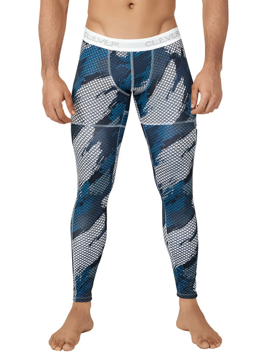 Blue and gray patterned compression leggings with white waistband featuring clever brand name in size m