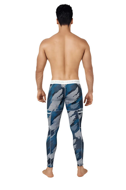 Blue and gray patterned clever enigmatic camo leggings with white waistband athletic dark blue size m