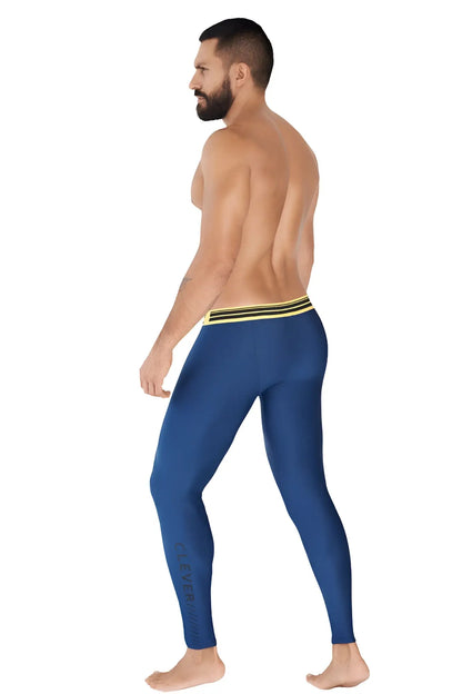 Blue form-fitting athletic leggings with yellow and black striped waistband clever ideal size m