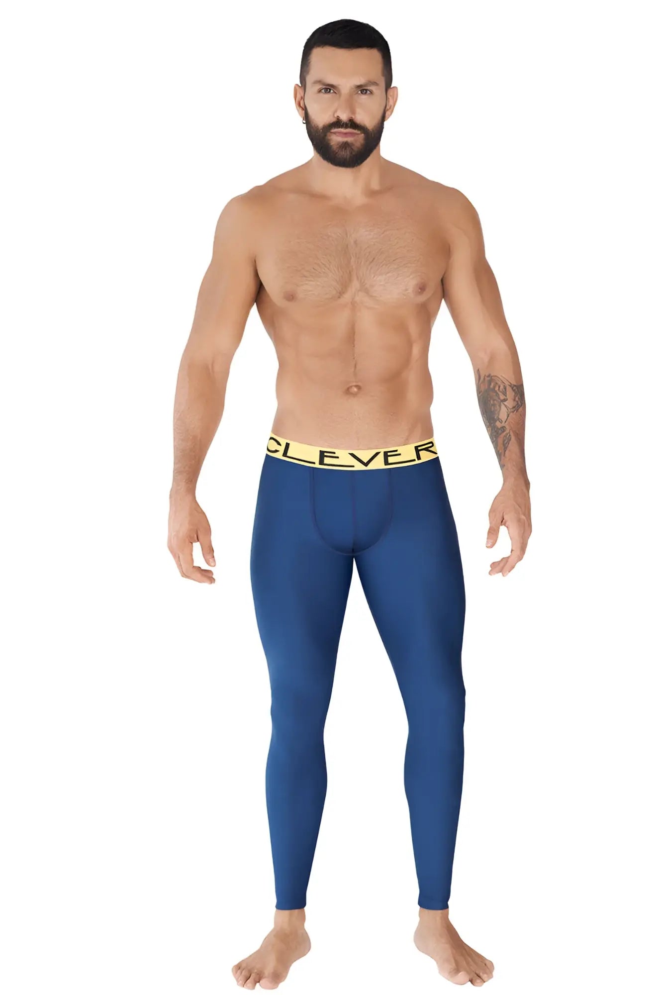 Blue athletic leggings with yellow waistband featuring clever lettering in size m ideal for sports and workouts