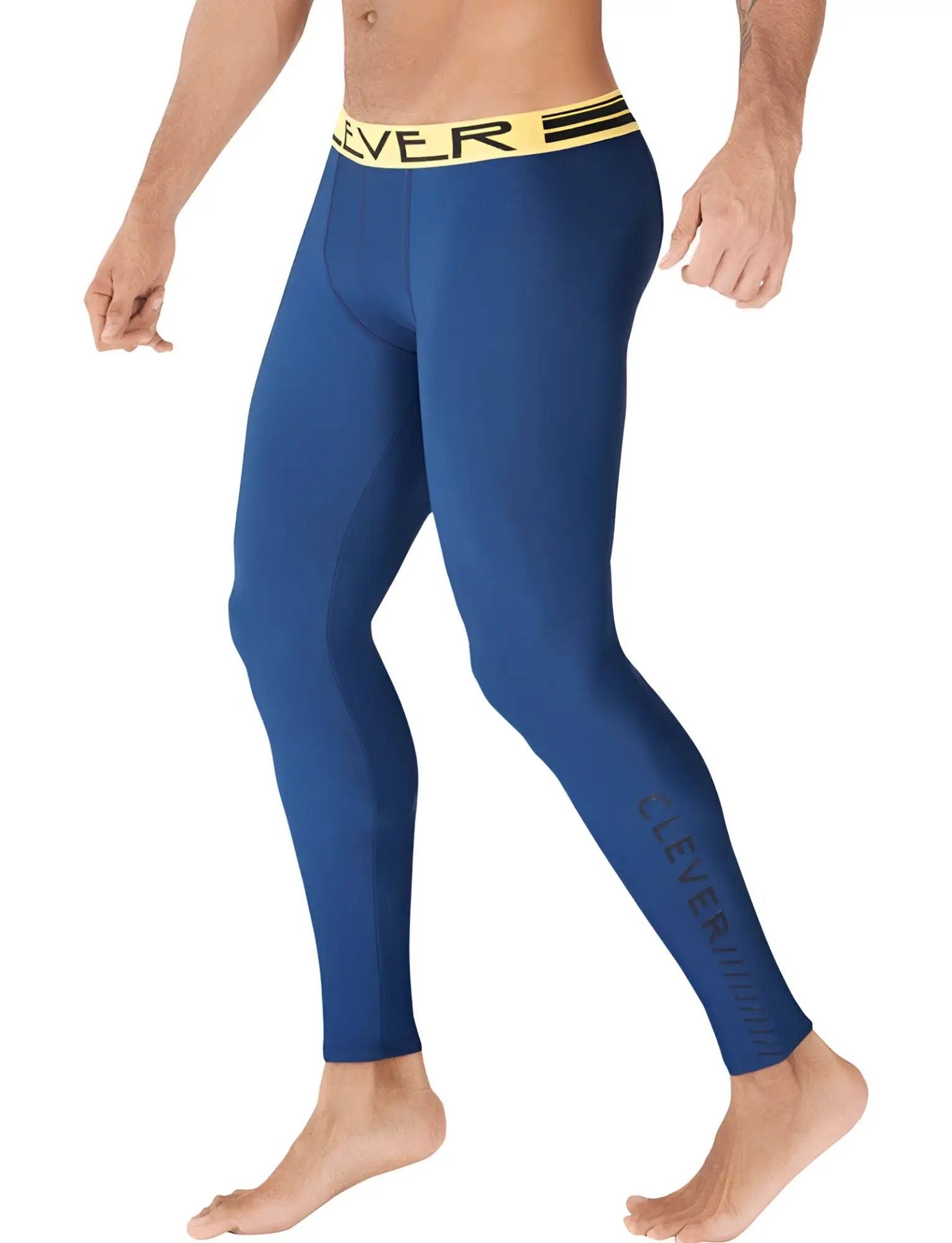 Blue athletic leggings with yellow waistband branded clever in black ideal for fitness size m