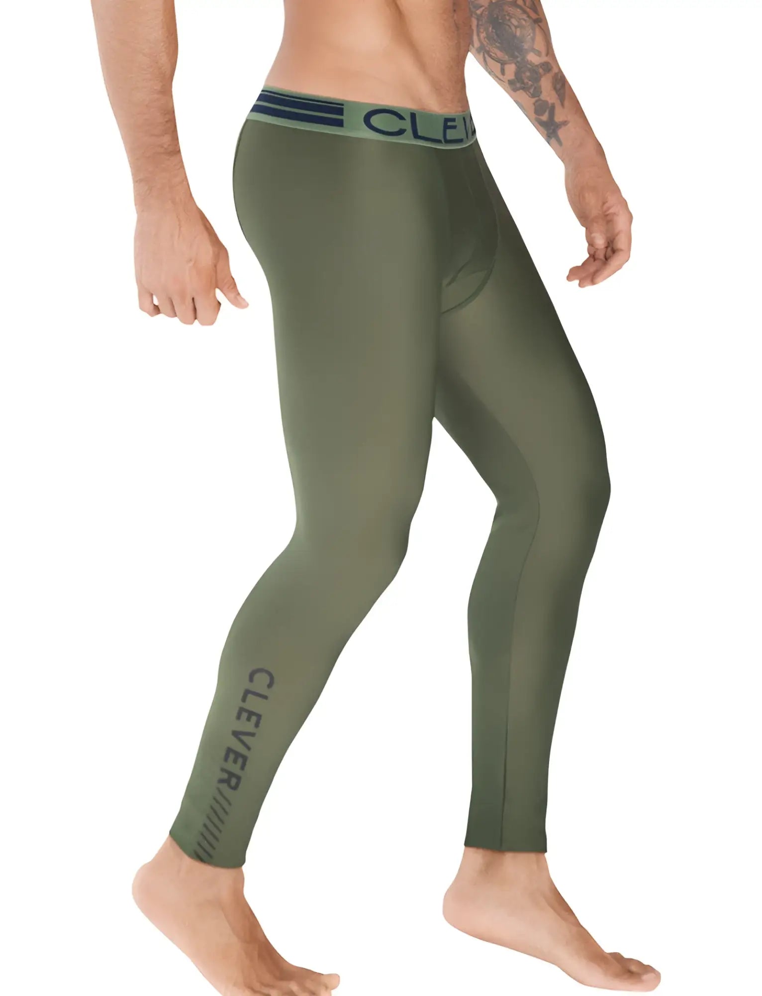 Olive green clever brand compression leggings with dark blue waistband and vertical branding on the leg size m