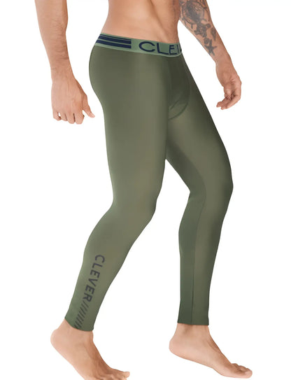 Olive green clever brand compression leggings with dark blue waistband and vertical branding on the leg size m