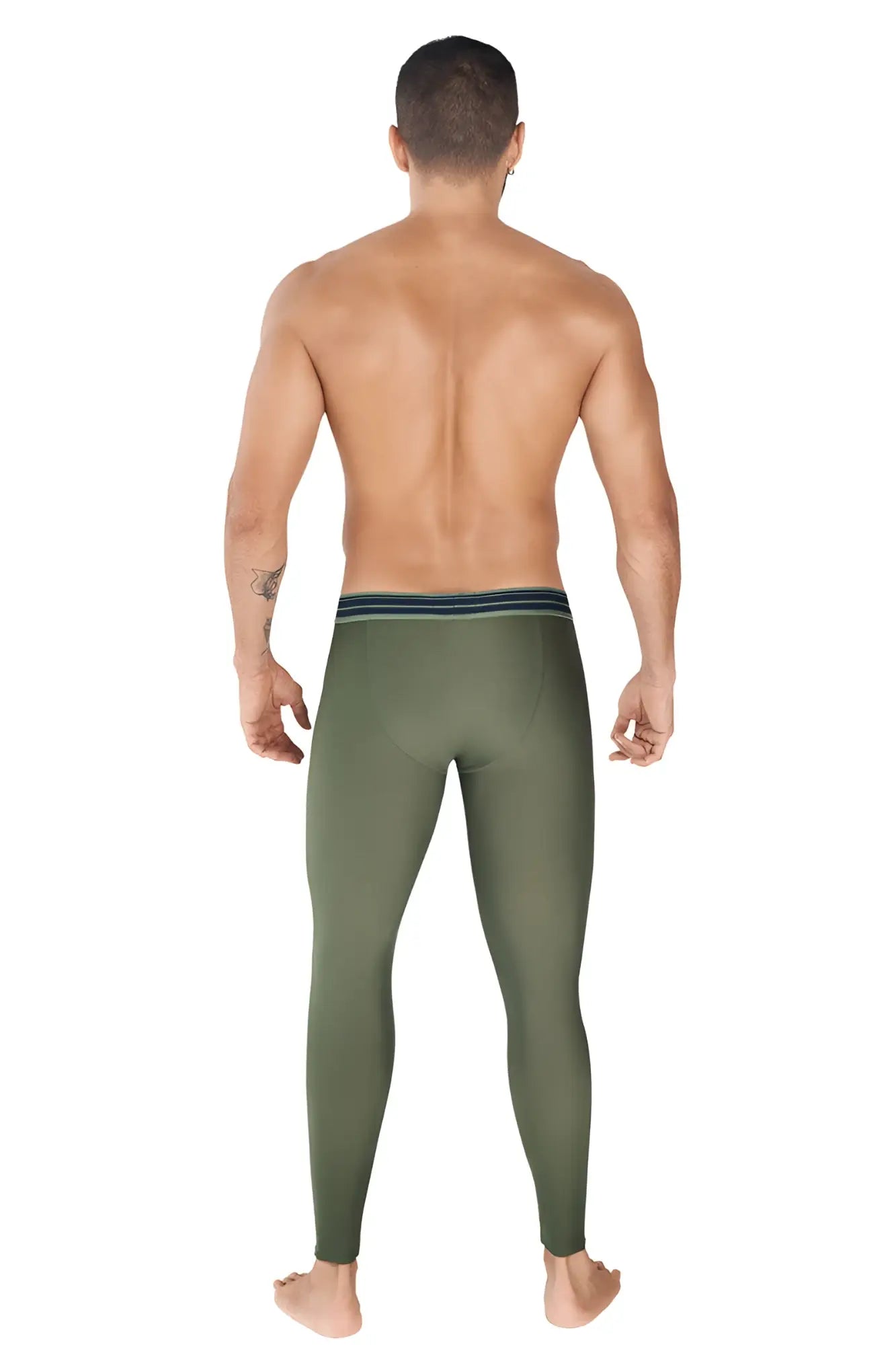 Olive green form-fitting athletic leggings with striped waistband clever ideal size m for activewear