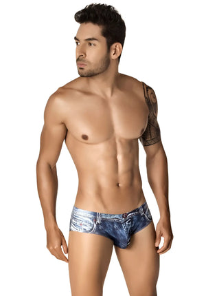 Blue denim patterned Clever Indigo Jean Latin brief underwear with realistic fabric texture and stitched detailing size S