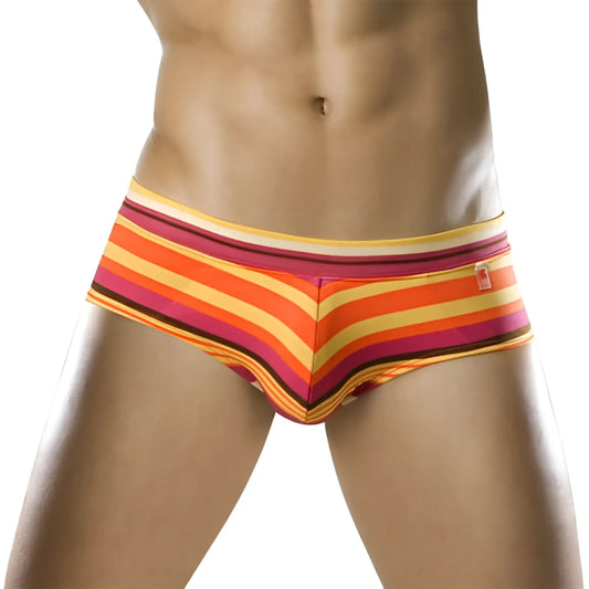 Vibrant striped clever swim brief tropical swimwear size s in orange yellow and pink with a snug fit