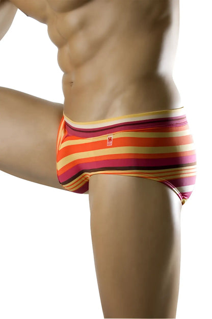 Clever swim brief tropical swimwear 0514 size s in vibrant orange pink and yellow striped snug fit men’s briefs