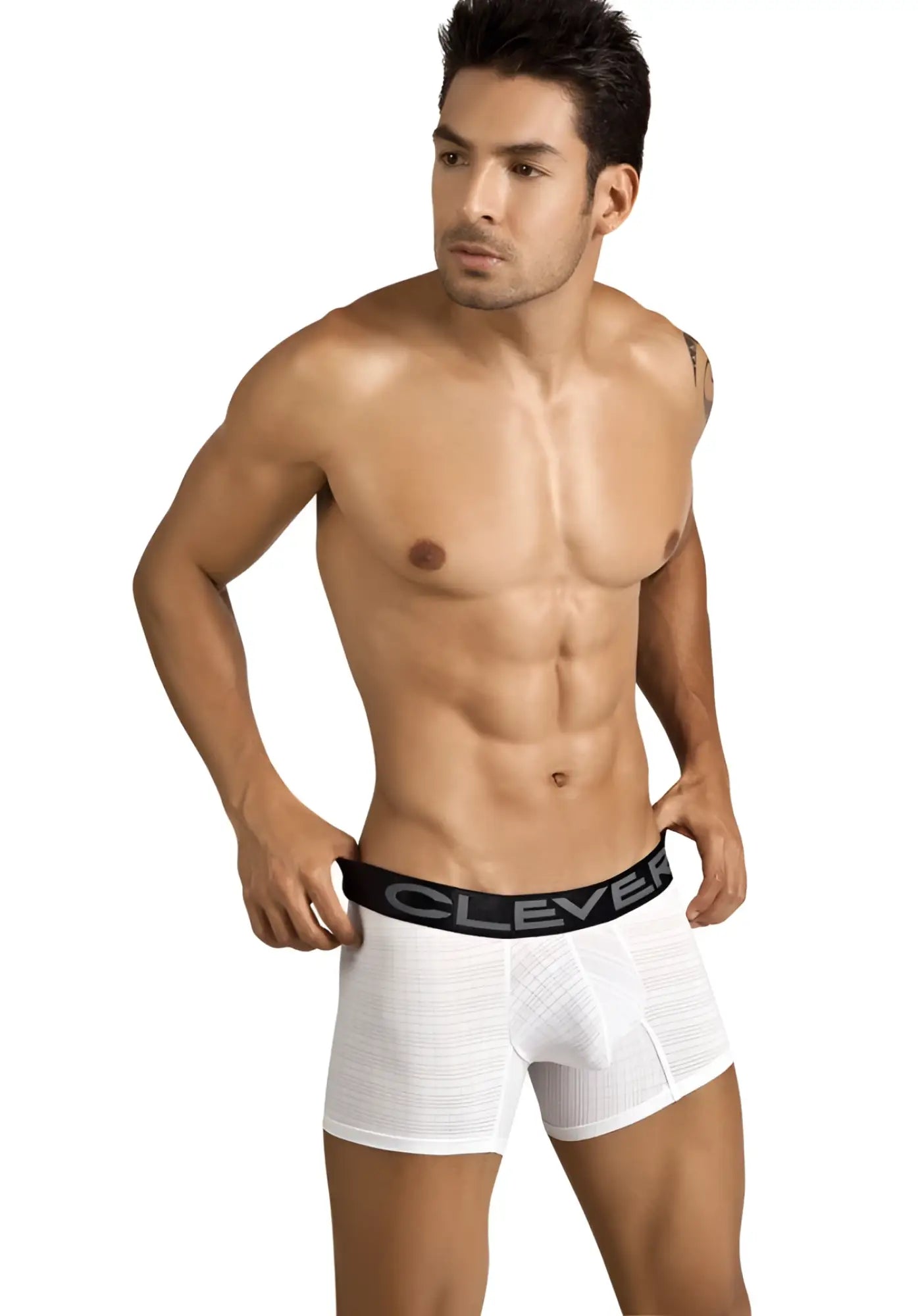 White clever victoria checker textured boxer briefs with black elastic waistband size s front view