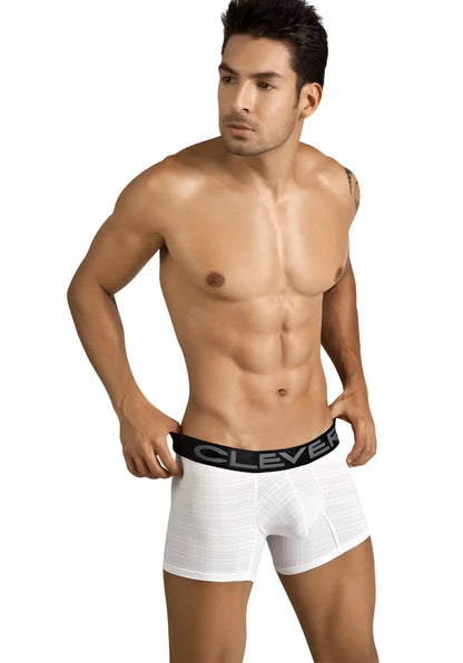 White clever victoria checker textured boxer briefs with black elastic waistband size s front view