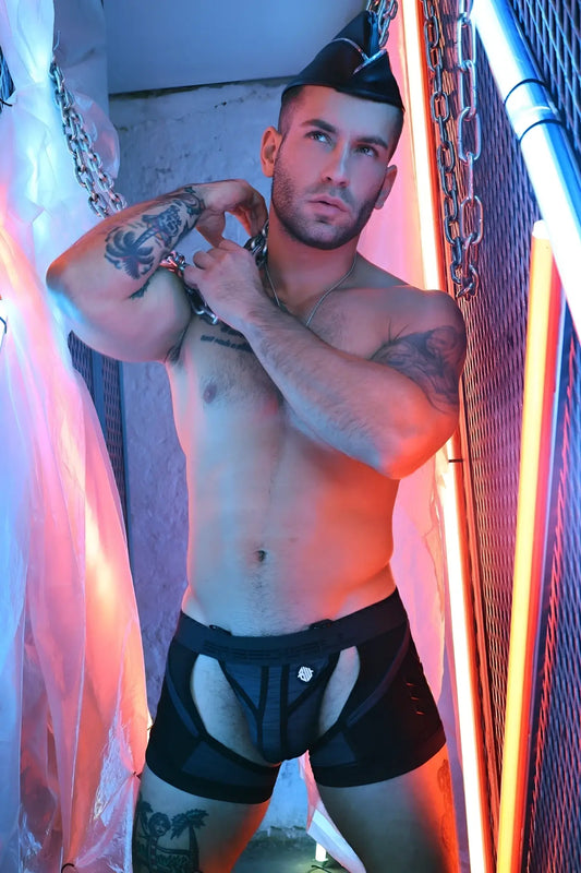 Black mesh briefs cockpit chock with a small silver logo on the front made from breathable fabric