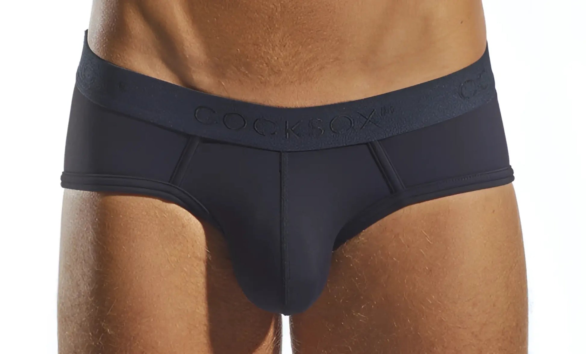 Black cocksox cx76n supplex sports briefs with textured waistband featuring brand name for active wear