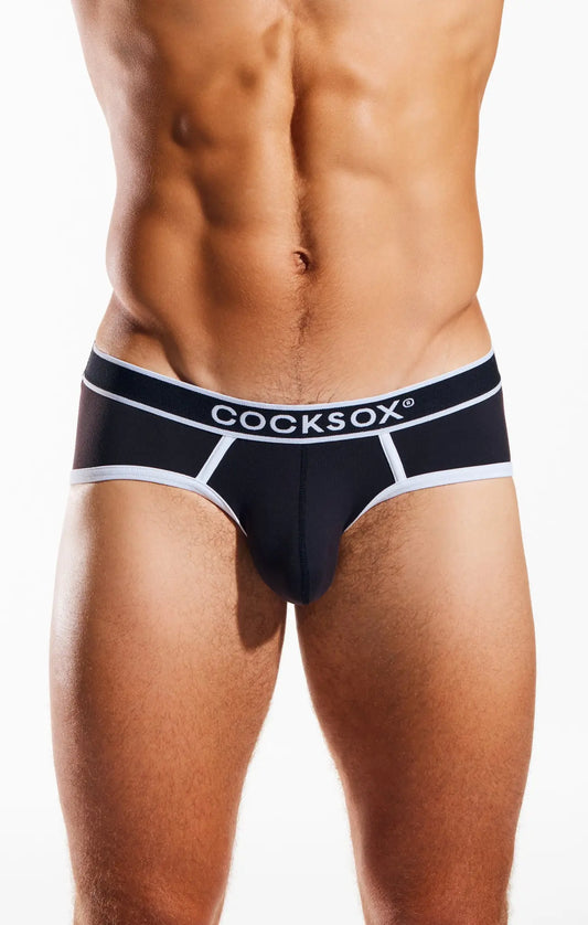 Black cocksox cx76n supplex sports briefs with white trim and bold logo band for athletic support