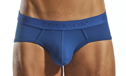 Blue cocksox cx76n supplex sports brief with smooth form-fitting fabric and elastic waistband featuring brand name