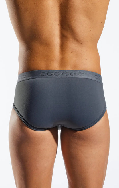 Dark gray cocksox cx76n supplex sports briefs with smooth form-fitting fabric and subtle waistband logo