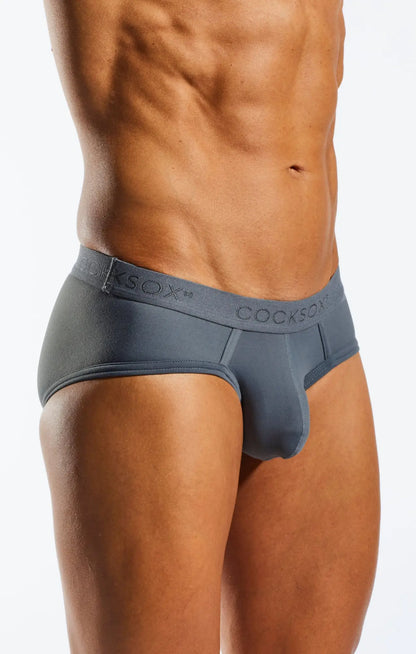 Gray cocksox cx76n supplex sports brief with smooth form-fitting design and subtle brand logo on waistband front view