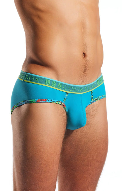 Turquoise blue cocksox cx76n supplex sports brief with lime green waistband and tropical pattern on leg openings