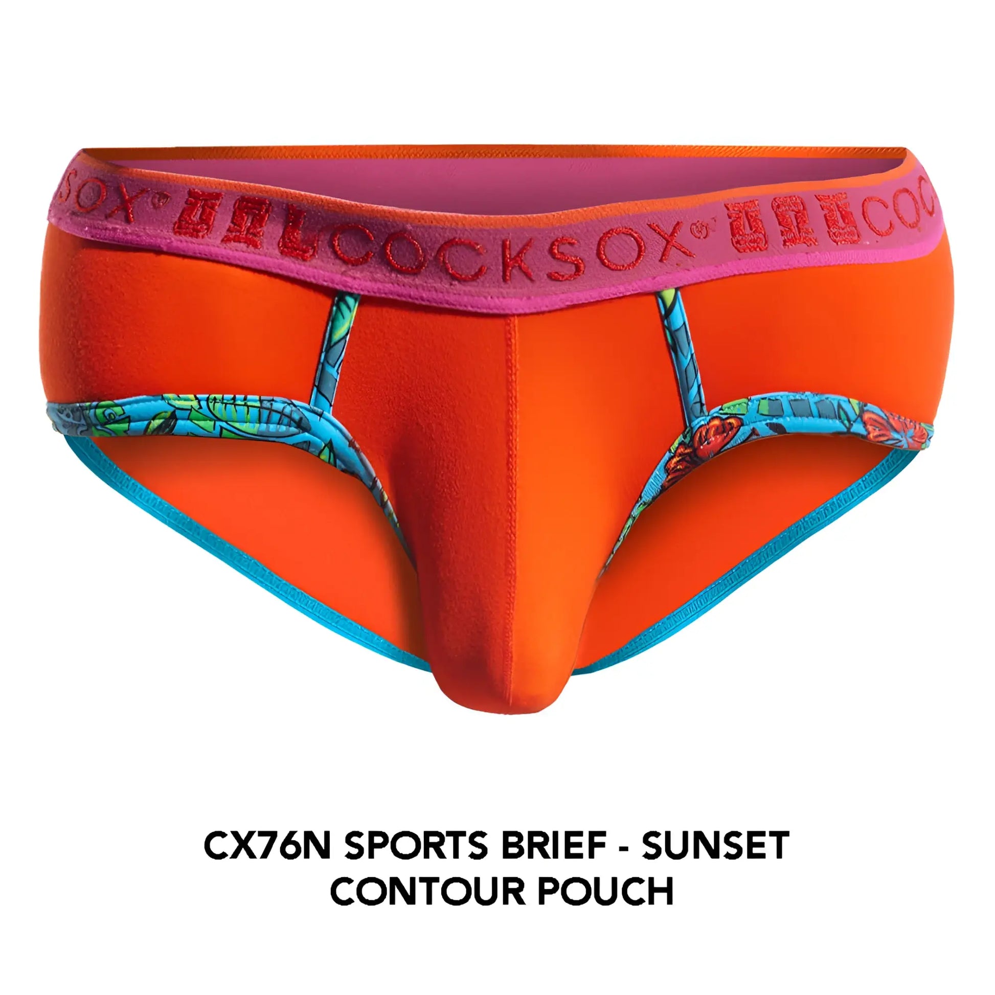 Vibrant orange cocksox cx76n supplex sports brief with pink waistband red embroidery and blue patterned side panels