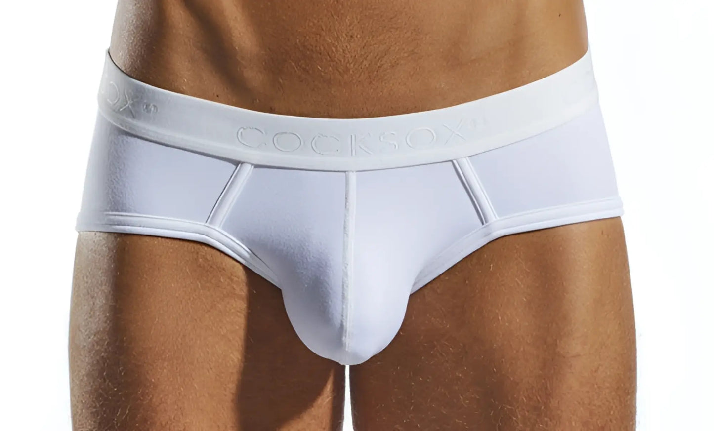 White cocksox cx76n supplex sports briefs with smooth form-fitting design and subtle stitching details
