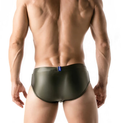 Olive green satin metallic bikini briefs with blue brand tag at waistband in size m for swimwear use