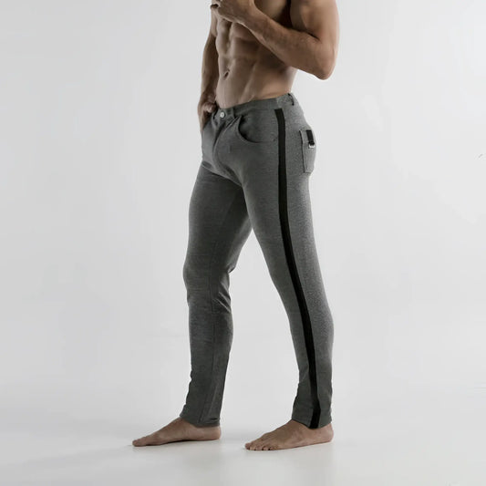 Code 22 stretch grey athletic pants size 30 with black vertical stripe down the side and five pockets