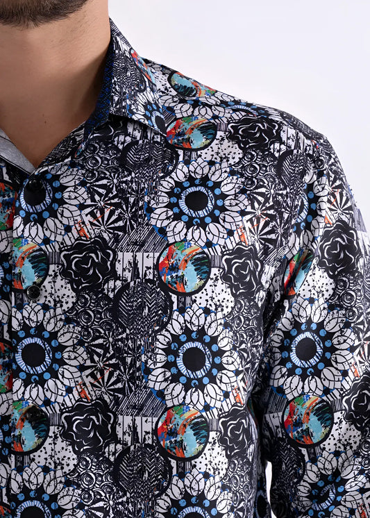 Colored shapes print l/s shirt with bold black and white floral pattern and colorful blue green orange red circular accents