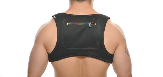 Black neoprene colt vest harness back with rainbow zipper pocket for durable support and style