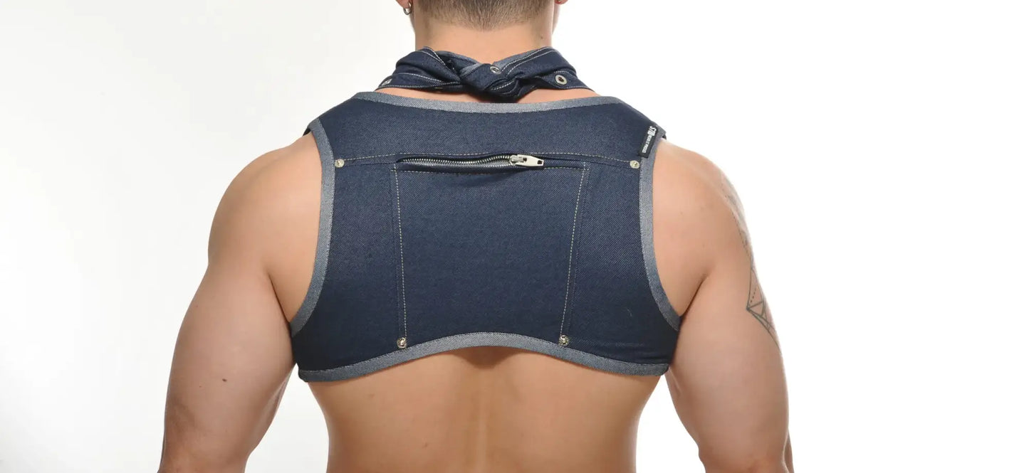 Dark blue denim colt vest harness with gray trim and front zipper pocket for secure storage and style