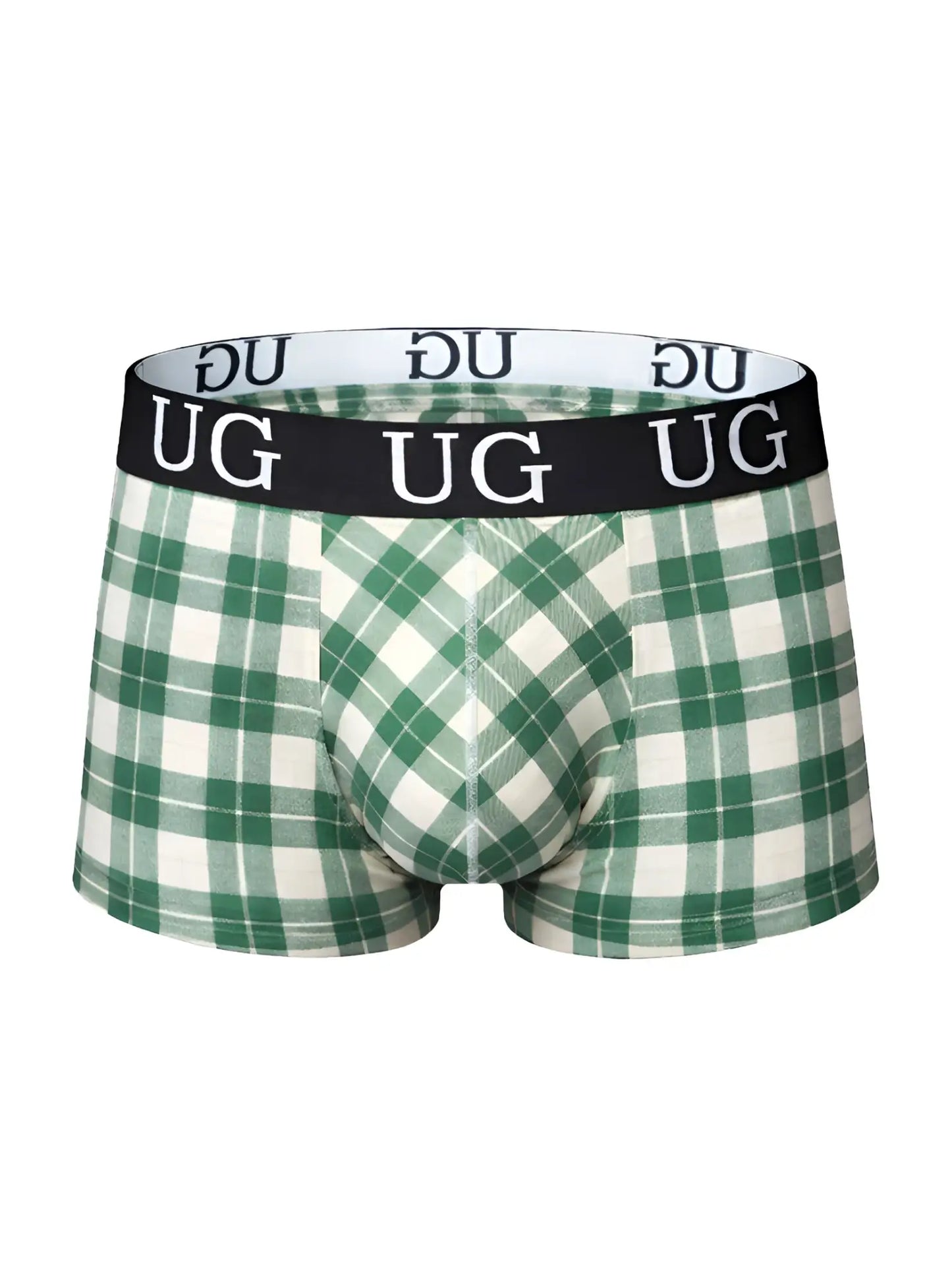 Comfort trunk green and white plaid men’s boxer briefs with black waistband and ug logo designed for everyday comfort