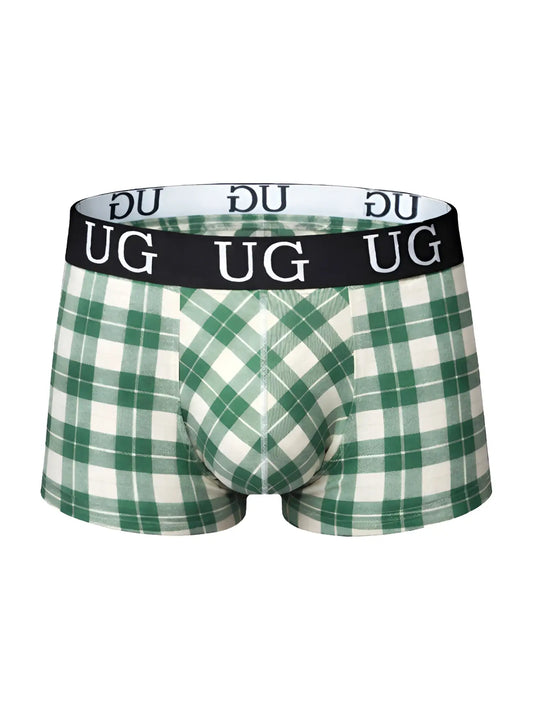 Comfort trunk green and white plaid men’s boxer briefs with black waistband and ug logo designed for everyday comfort