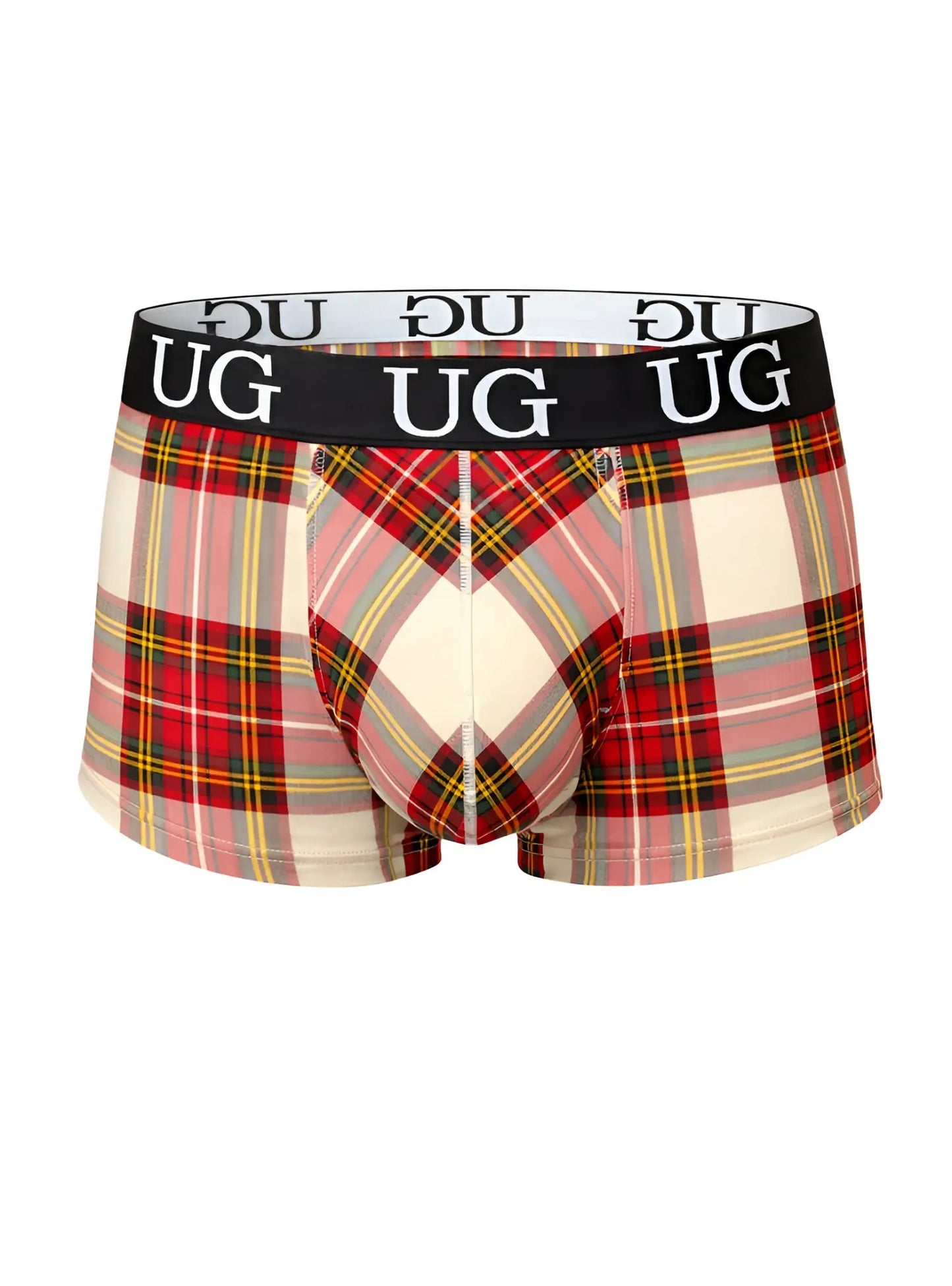 Comfort trunk plaid patterned ug underwear in red pink and cream with black waistband and white ug branding