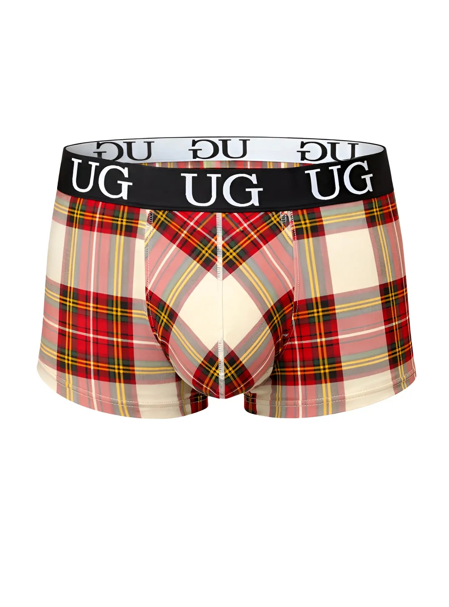 Comfort trunk plaid patterned ug underwear in red pink and cream with black waistband and white ug branding