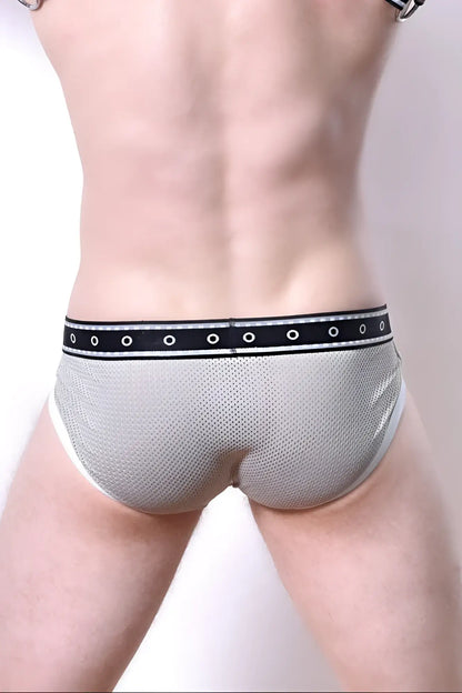 Comicaze brief gray mesh briefs with black waistband featuring white circular eyelets for breathable comfort