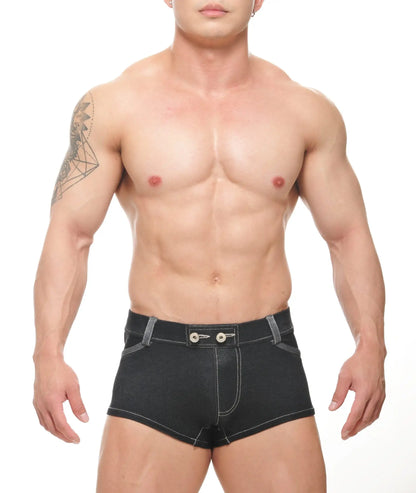 Black denim conner denim shorts with silver stitching and buttoned waistband for casual wear