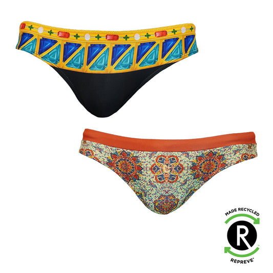 Two men's swim briefs by Maris Equi one with a colorful mosaic pattern and the other in black with a vibrant trim made from recycled material.