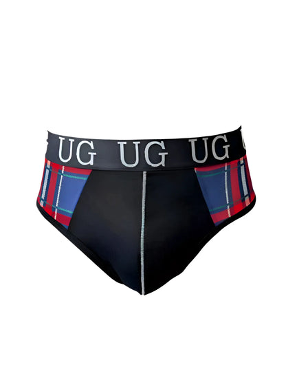 Black contrast jock briefs with snug pouch plaid red and blue sides and black waistband embroidered with ug in white