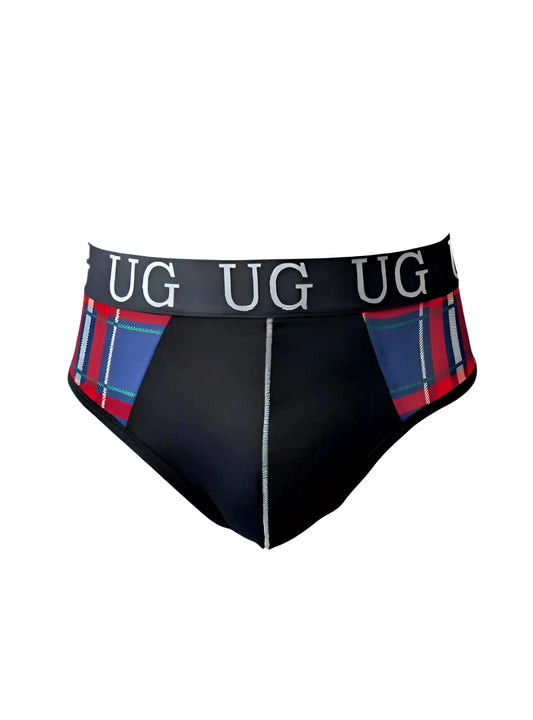 Black contrast jock briefs with snug pouch plaid red and blue sides and black waistband embroidered with ug in white