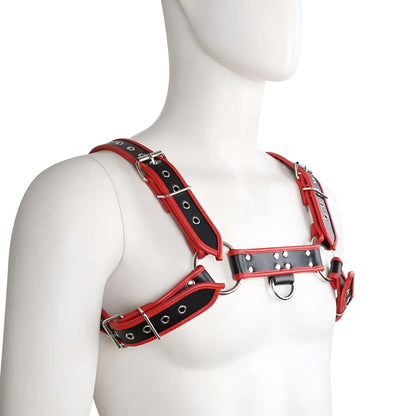 Red and black leather contrast trim harness with silver-toned metal hardware and adjustable straps