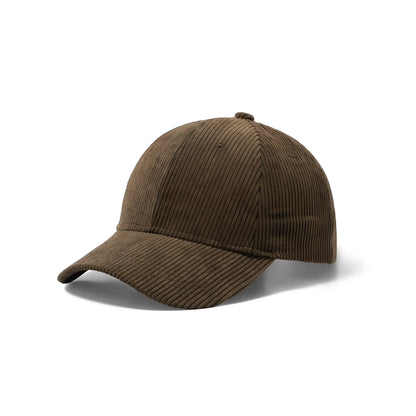 Brown corduroy baseball cap with classic six-panel design and stitched brim for casual wear