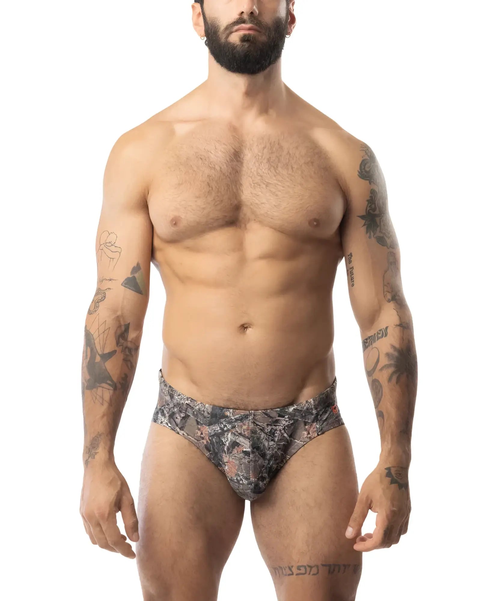 Core bikini timber black and gray camouflage briefs with snug athletic fit for active wear