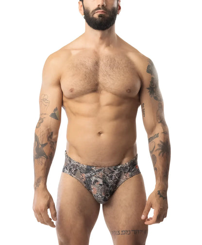 Core bikini timber black and gray camouflage briefs with snug athletic fit for active wear