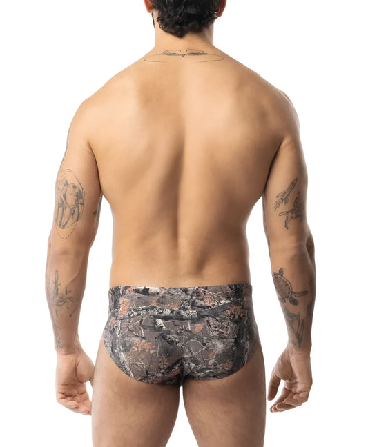 Core bikini timber camouflage patterned briefs with earthy tones and detailed foliage design front view