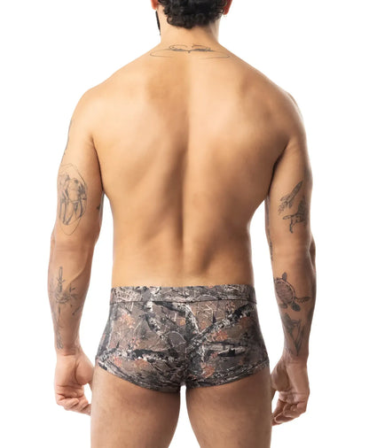 Camouflage patterned men’s briefs core square cut timber with earthy tones and subtle mesh texture visible