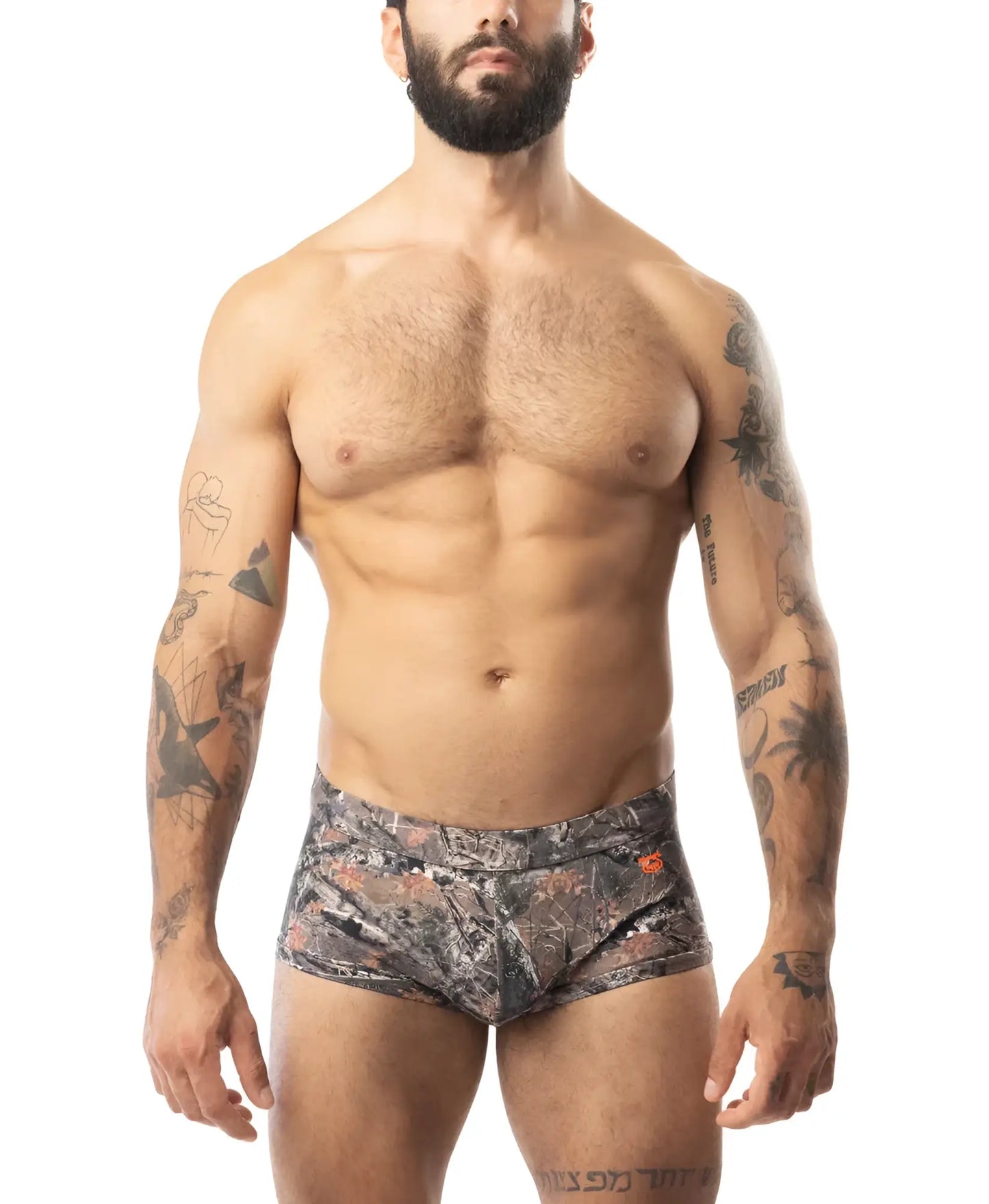 Camouflage patterned men’s briefs core square cut timber with subtle orange logo on the side